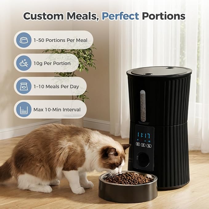Sweetcrispy Automatic Cat Feeder, 4L Cat Food Dispenser with APP, Black | 2.4G WiFi, Applicable for Dry Food, 16.9 Cups, 10 Meals/Day, 50 Portions/Meal, 10s Voice Recorder, Dual Power Supply