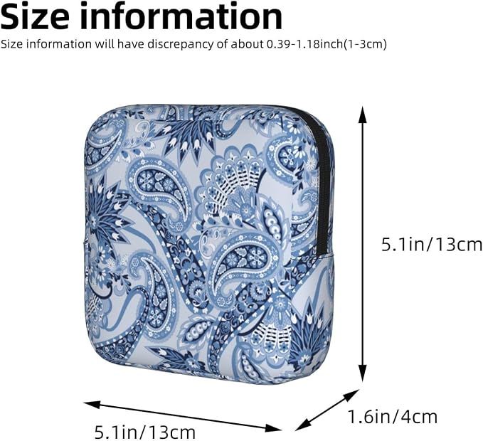 Paisley Flowers And Leaves Blue Bohemian Boho Floral Period Bag For Women,Portable Sanitary Napkin Period Pad Pouch For Purse, Small Make Up Bags