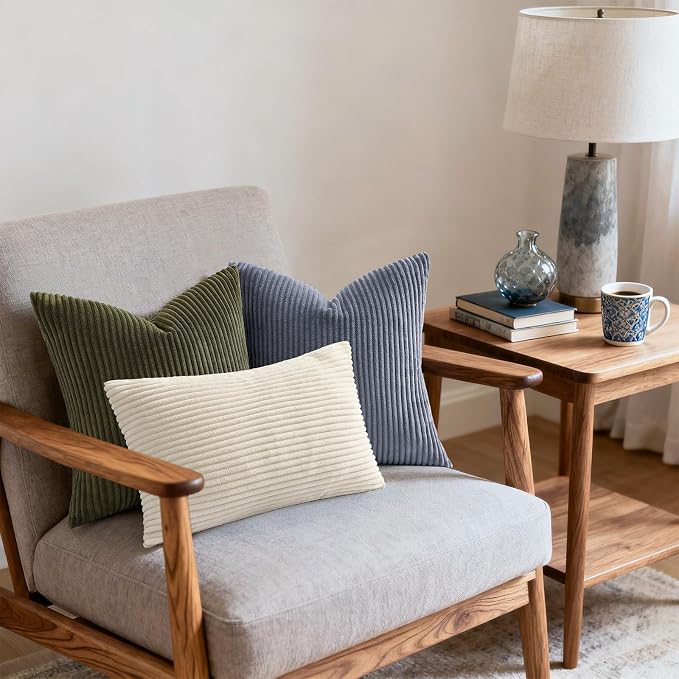 Mecatny Corduroy Decorative Throw Pillow Covers 20x20 Set of 2 Blue Grey | Soft Striped Texture, Hidden Zipper Design, Neutral Boho Square Pillow Cases for Sofa Couch Living Room Bedroom, Home Décor
