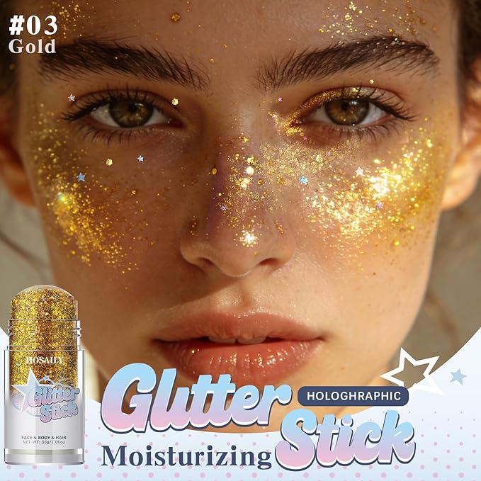 Gold Body Glitter Stick, Holographic Fairy Costume Makeup Face Hair Glitter Stick Rave Outfits for Women, Shimmer Face Paint Singer Concert Festival Party Accessories, 1.06 OZ
