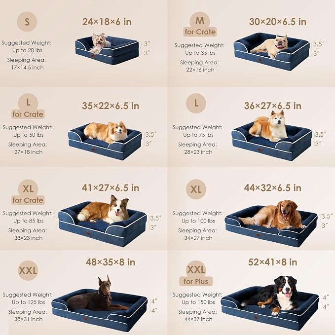 EHEYCIGA Orthopedic Dog Beds Large Sized Dog, Waterproof Washable Pet Bed | Non-Slip Bottom and Egg-Crate Memory Foam Dog Couch Bed with Washable Removable Cover, Navy