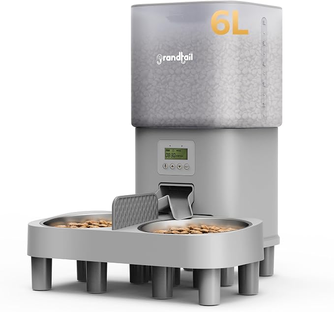 6L Automatic Cat Feeder with Dual Bowls, Button Control, Gray | Schedules 1-4 meals daily with adjustable portions, 10-second voice recording, locking lid, and AC or battery backup power.