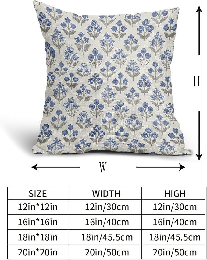 Blue Grey Gray Floral Block Print Pillow Covers 18x18 Inch Set of 2, Vintage Flower Pattern Decorative Throw Pillowcases Outdoor Farmhouse Cushion Covers Spring Summer Rustic Sofa Couch Bed Decor