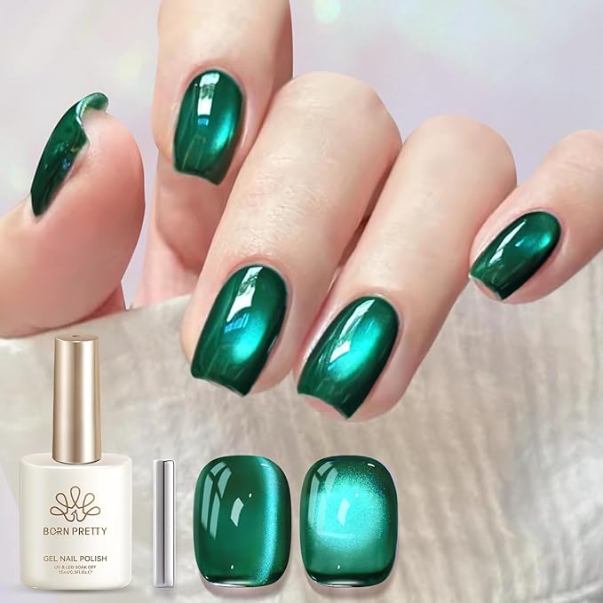 Born Pretty Dark Green Cat Magnetic Eye Gel Polish,2026 Spring Summer Fruit Dark Green Holographic Glitter Shimmer Translucent Sheer Magnetic Gel Polish Salon DIY at Home