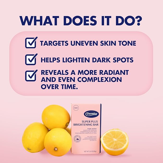 Dermisa Super Plus Brightening Bar Soap with Hyaluronic Acid, Lemon and Cranberry Extract, Maximum Moisture Soap for Even Skin Tone and Elasticity, 3.0 Oz
