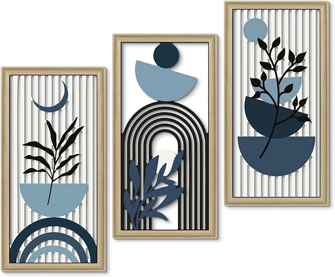 Putuo Decor Boho Abstract Wall Art, Set of 3, Modern Botanical Wooden Wall Decor, Blue Mid-Century Minimalist Framed Artwork for Living Room Bedroom, Office