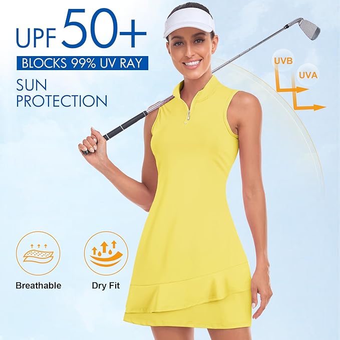 Viracy Tennis Dress for Women Sleeveless Golf Dresses with Shorts and Pockets Ruffle Zip Up Stand Collar Golf Outfits