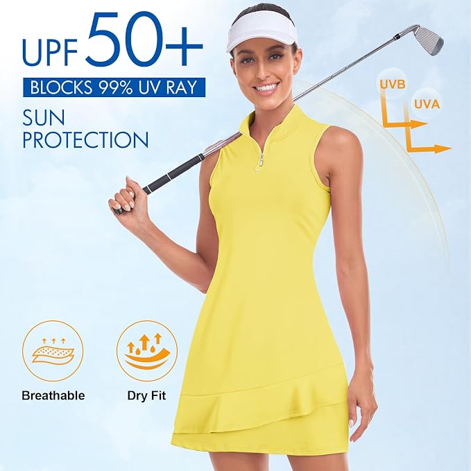 Viracy Tennis Dress for Women Sleeveless Golf Dresses with Shorts and Pockets Ruffle Zip Up Stand Collar Golf Outfits