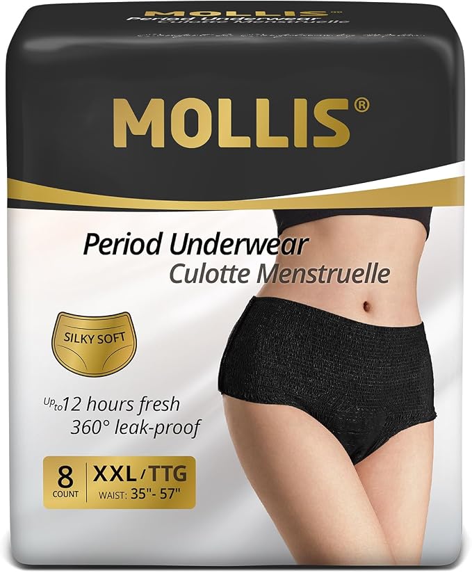 MOLLIS Disposable Period Underwear for Women, Postpartum Panties, Maternity Knickers Heavy Flow Leak Proof, Unscented, Black, XXLarge, 8 Count