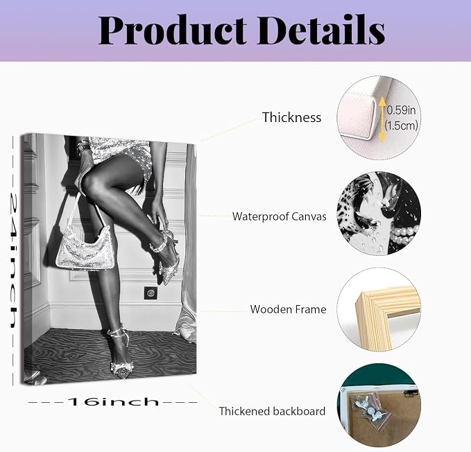 Bathroom Fashion Leopard Print Black and White Canvas Wall Art Trendy Women Posters Paintings Luxury Feminist Pictures Wall Decor for Bedroom Living Room Hallway Home Decoration 16x24 In Framed