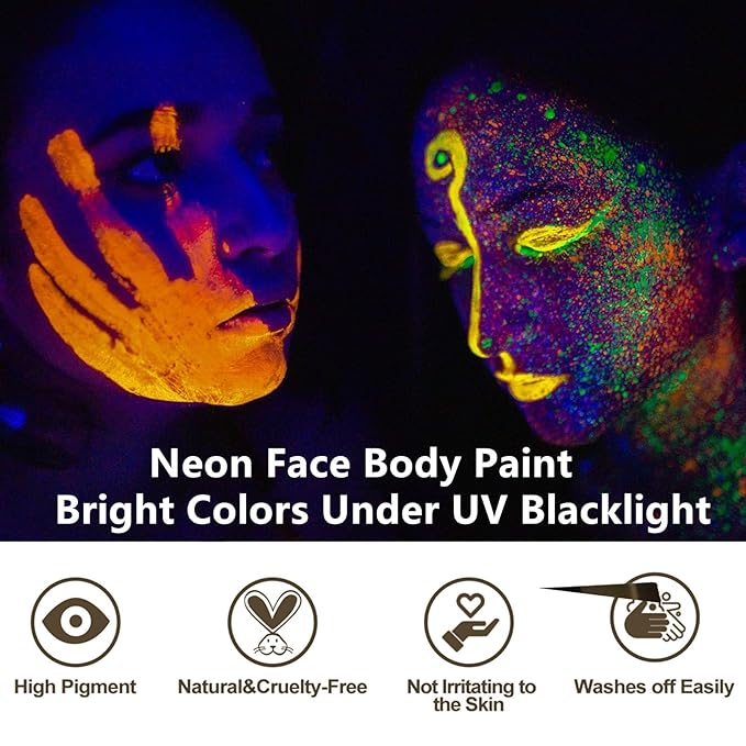 Go Ho UV Blacklight Neon Green Face Body Paint,Water Based Bright Color Neon Fluorescent Body Paint with Cushion Applicator,Glow In The Dark Under UV Lighting Party Neon Green Makeup Washable