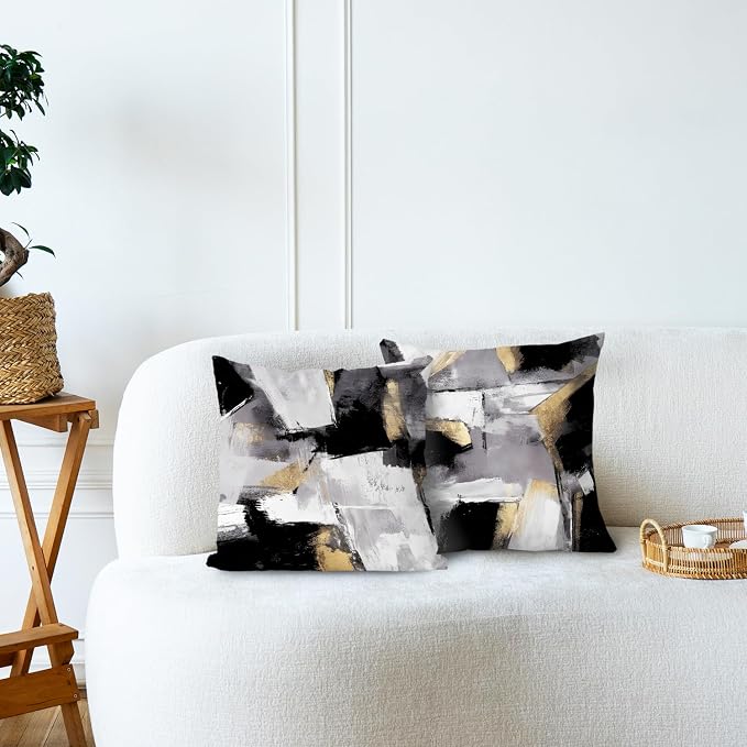 Black and White Pillow Covers, Abstract White Black and Gold Pillow Covers 20x20 Set of 2, Modern Black and White Pillow Covers for Couch Bed Living Room