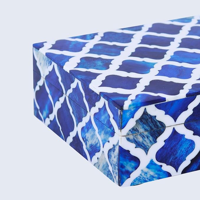 Handicrafts Home Small Decorative Storage Box with Lid, Moroccan Jewelry Keepsake Trinket Box Organizer, Wooden Coffee Table Dresser Storage Box, Blue, 8 x 5 x 2 Inch, Moroccan Collection