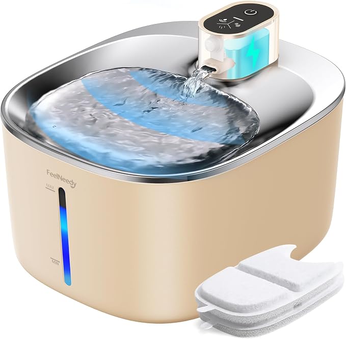 FEELNEEDY Cat Water Fountain Battery Operated, 4L/135 fl oz Pet Water Fountain for Cats and Dog with Motion Sensor, Ultra Quiet Cat Drinking Fountain with 2 Filters (Beige YPD-C004P)