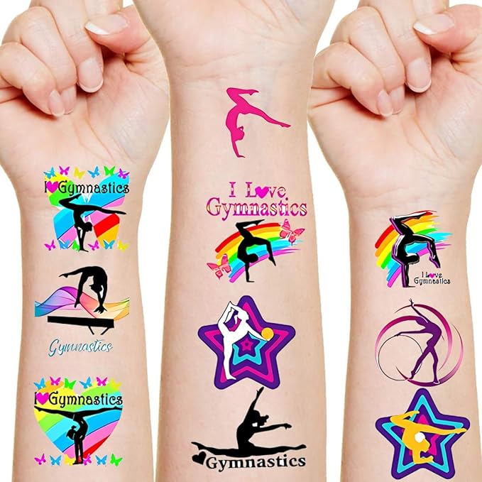 Gymnastic Temporary Tattoos Birthday Themed Party Supplies Decorations Favors 10 Sheets 200PCS Sport Decor Cute Stickers Class School Prizes Gift Kids Boys Girls Carnival Christmas Reward Multicolor