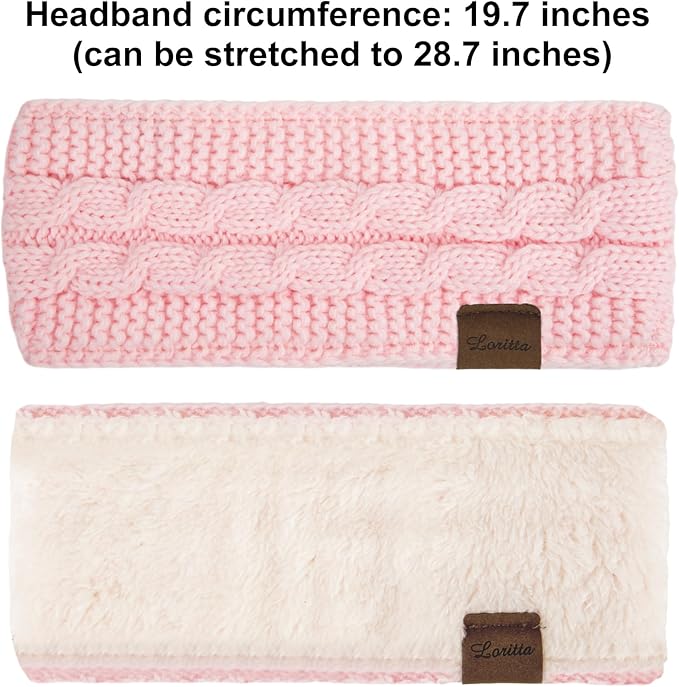 Loritta 2 Pack Headbands for Women Winter Warm Cable Knit Ear Warmer Thick Head Wrap Fuzzy Fleece Lined Gifts