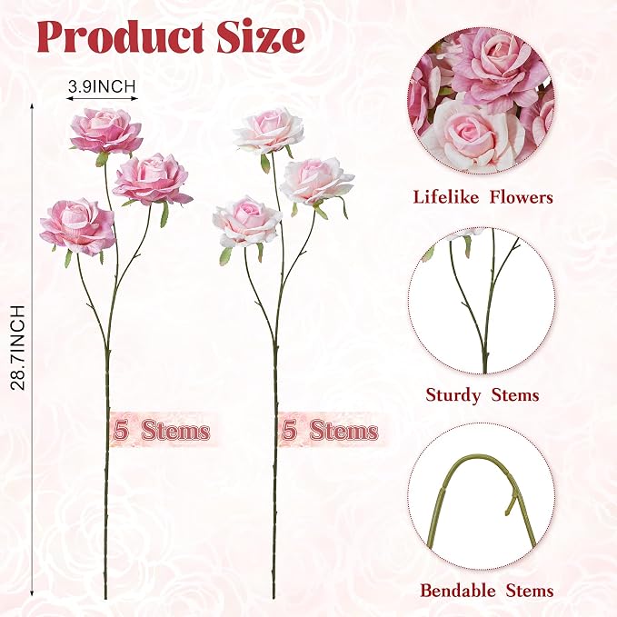 INXUGAO 10 Pcs Artificial Flowers Fake Roses for Outdoor, 28" Long Stem Silk Roses for Wedding Indoor Outside Party Decor, Realistic Faux Bouquet for Tall Vase Planter(Pink)
