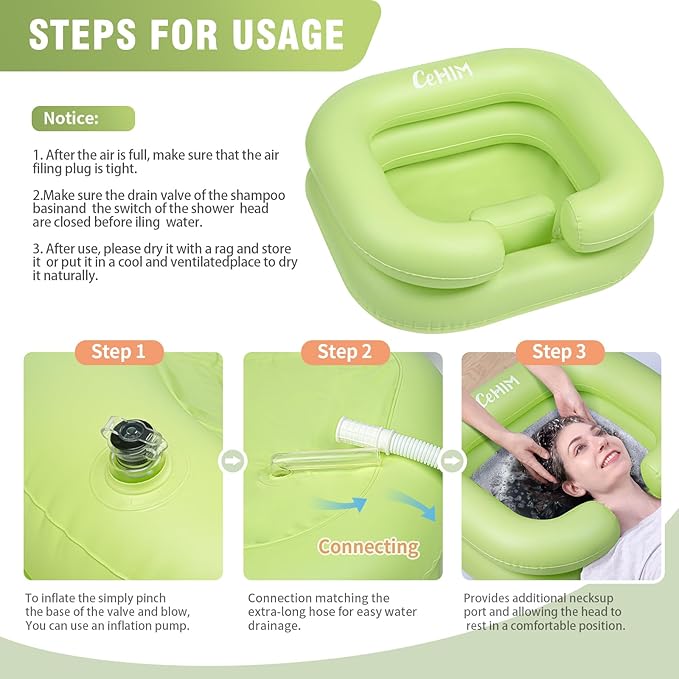 Inflatable Shampoo Basin - Portable Shampoo Bowl, Hair Washing Basin for Bedridden, Disabled,Injured, Hair Wash Tub for Dreadlocks and at Home Sink Washing (Green)