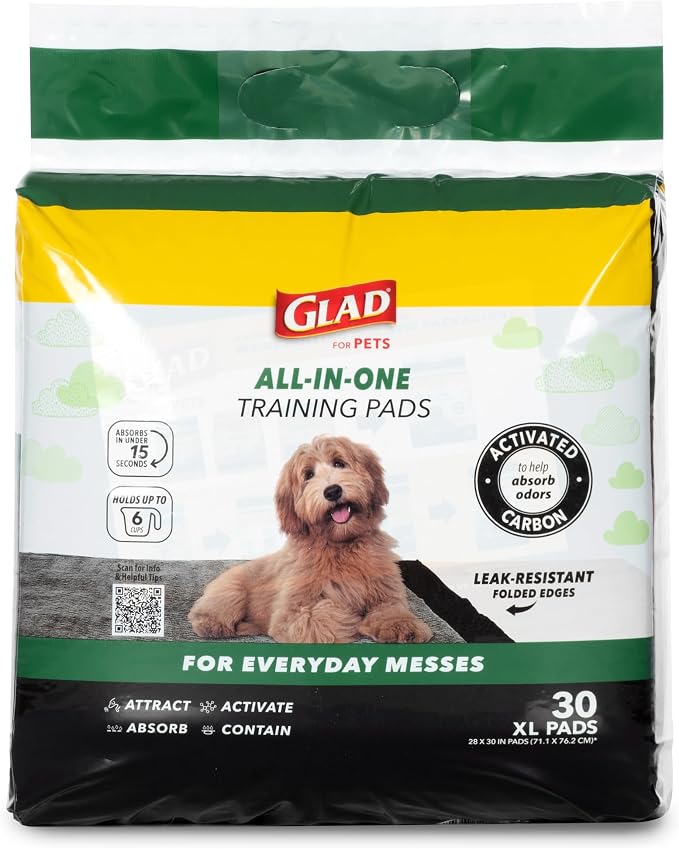 Glad for Pets XL Charcoal Training Pads for Dogs and Puppies, 50 Ct, 4-Pk | 6-layer, activated-carbon pads with pheromone attractant, leak-proof, extra-large 28 x 30 in coverage