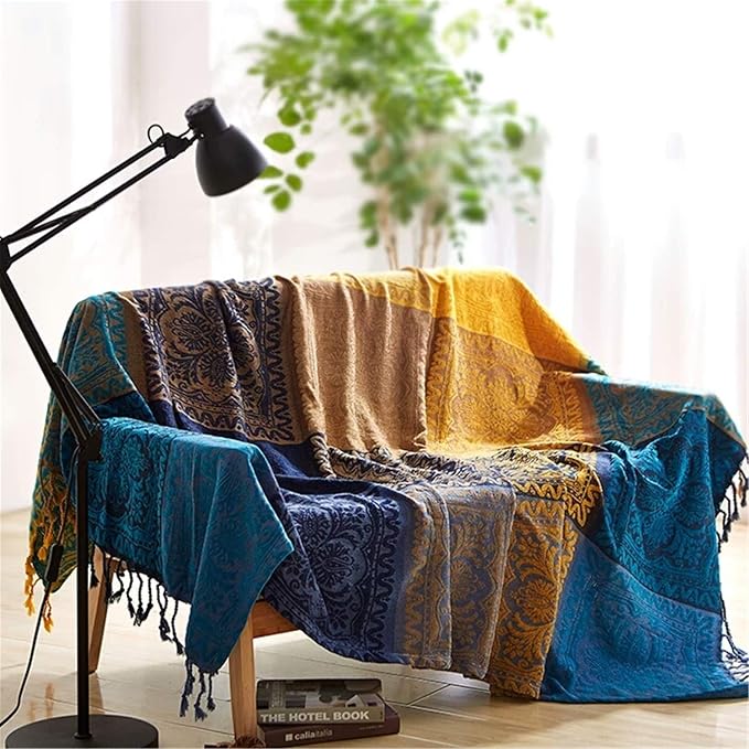 Bohemian Throw Blanket for Couch，Colorful Chenille Tassels Boho Woven Hippie Throw Blankets for Couch Bed Sofa Chair Recliner Loveseat , Bohemian Fringe Tassels Decor Home (Blue, Large 86102Inches)