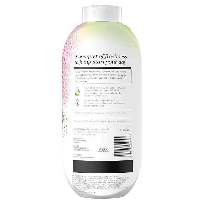 Olay Body Wash for Women, Fresh Radiance, 24/7 Skin-Loving Freshness, Visibly Radiant, Plant Based Cleansers, Vitamin B3 & Antioxidant Blend, All Skin Types, Rose Water & Sweet Nectar Scent, 22 fl oz