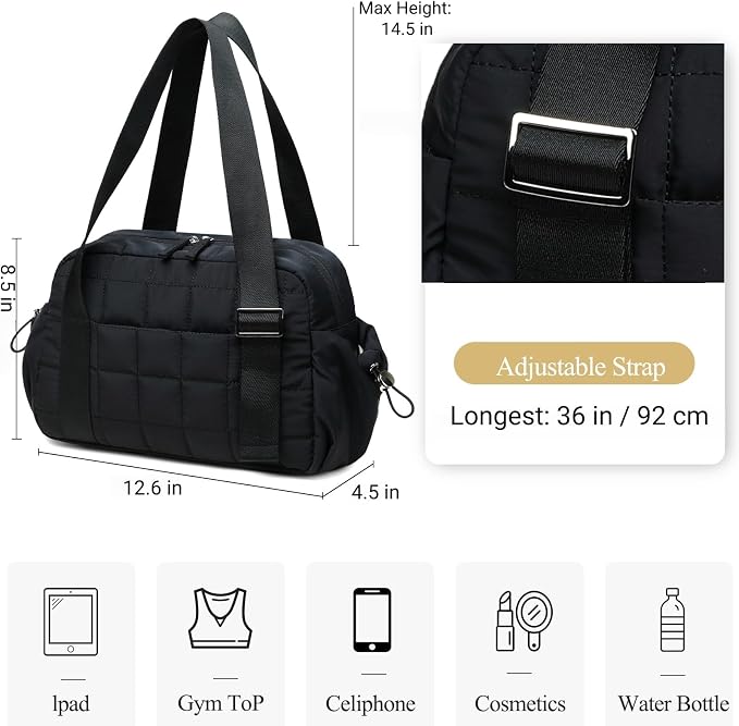 CAMTOP Mini Gym Bag for Women, Small Gym Tote Bag Puffy Quilted Sports Duffel Bag with Wet Compartment and Coin Purse Duffel Bags Dance Yoga Workout Bag for Gifts (All Black, Mini-12.6")