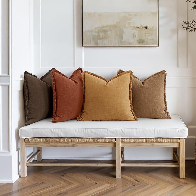 MIULEE Fall Linen Fringe Pillow Covers Set of 4 18x18 Orange/Yellow | Boho Farmhouse Decorative Throw Pillow Covers, Neutral Soft Rustic Cushion Cases, for Couch Sofa Bed Living Room Home Decor
