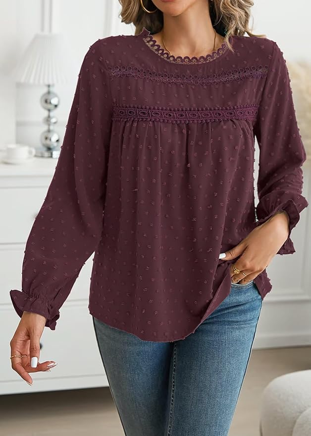Womens Boho Tops Long Sleeve Shirts For Women Cute Crewneck Blouse Dressy Casual Swiss Dot Crochet Hollow Top 2026