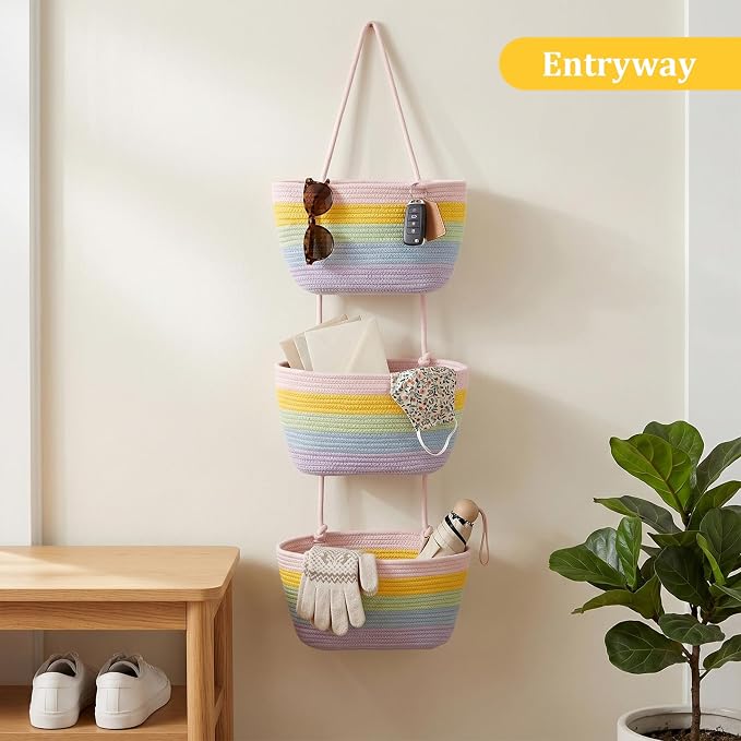 TeoKJ Over the Door Hanging Basket, 3-Tier Woven Cotton Wall-Mounted Storage Organizer Bag Decorative Hanging Nursery Baskets, Rainbow