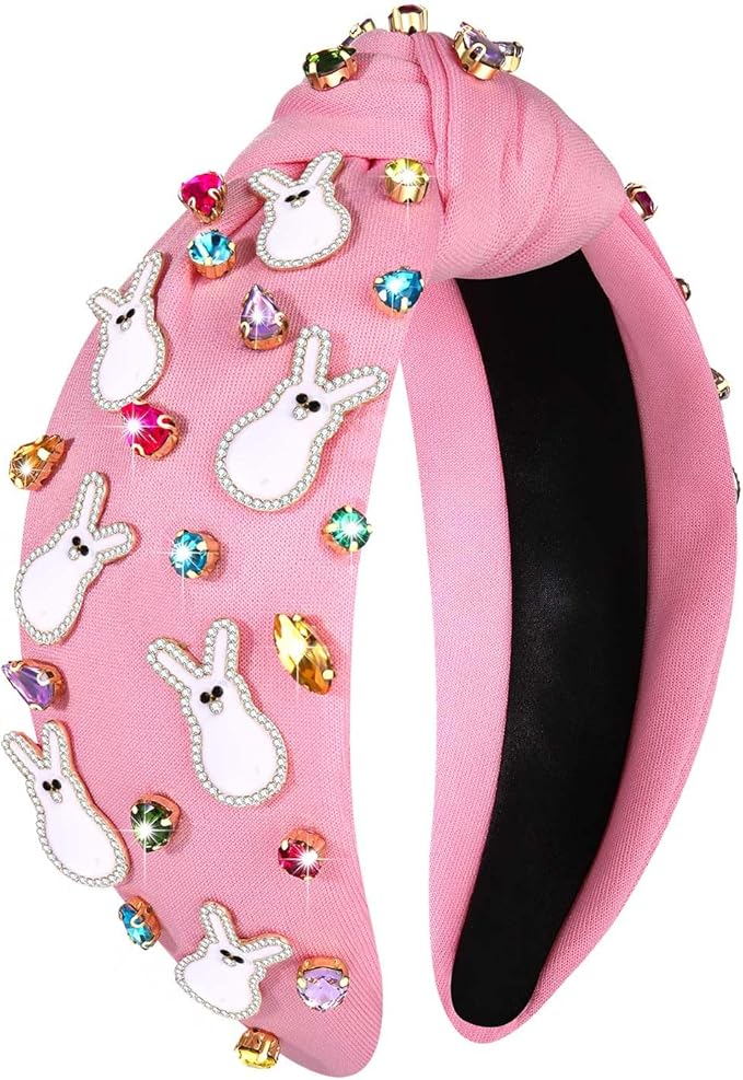 mokkia Easter Headbands Beaded Rabbit Bunny Headband for Women Pink Spring Knotted Headband Easter Hair Accessories Gifts