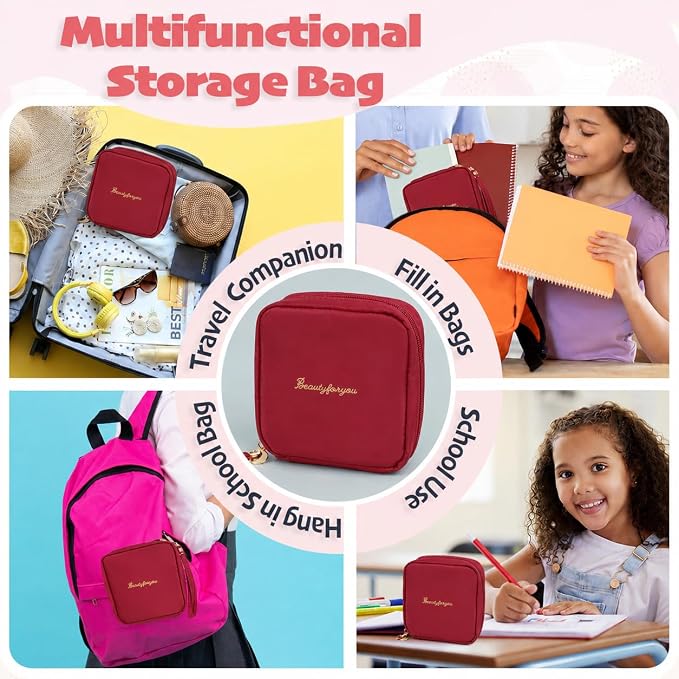 Essential Period Kit for Girls | First Period kit for Girls 10-12 | Period Bags for Teen Girls for School | First Period Gift with Sanitary Pad Storage Bag, Wipes, Period Tracker and More (Red)