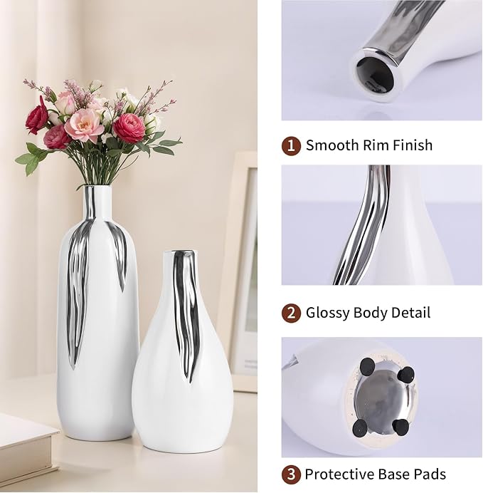 White and Silver Vase Set of 3, Modern Ceramic Decorative Vases for Living Room, Bedroom, Art Decor, Mantle, Home Event Decor, Office Decorative, Weddings, Rustic & Farmhouse (White Silver)