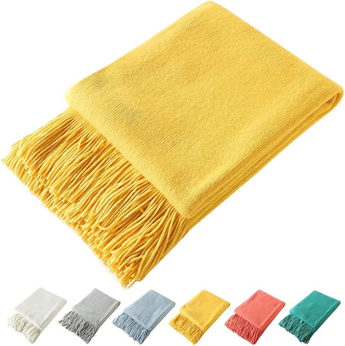Homiest Yellow Knitted Throw Blanket with Fringe, 50x60 Inch | Pure Acrylic, Lightweight & Breathable, All-Season Use, Machine Washable, Wrinkle & Fade Resistant, for Couch Sofa And Bed