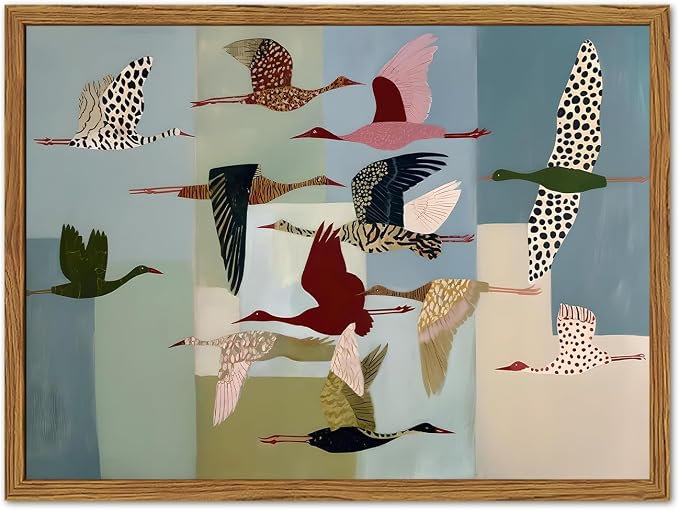 Framed Vintage Flying Bird Wall Art, Abstract Colorful Crane Pictures Wall Decor, Mid Century Modern Scandinavian Birds Paintings Canvas Prints Home Decor Aesthetic for Living Room Bedroom 16x24 inch
