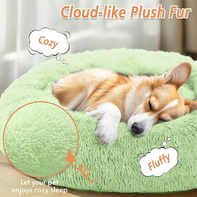 JOLLYVOGUE Calming Dog Bed Medium Size Dog, 31in Donut Washable Medium Pet Bed, Anti-Slip & Anti-Anxiety Fluffy Faux Fur Round Dogs Bed, Fits up to 45 lbs Pets (Light Green)