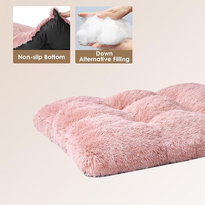 EHEYCIGA Fluffy Dog Crate Bed, Plush Extra Large Dog Pillow, Pink | Xlarge Calming Anti Anxiety Plush Faux Fur Mat for Large size dogs, Washable Soft Warm Dog Pad with Non-Slip Bottom