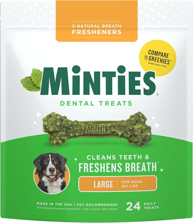 Minties Dental Chews for Dogs, 24 Count, Vet-Recommended Mint-Flavored Dog Treats for Large Breeds Over 50 lbs, Dental Bones Clean Teeth, Fight Bad Breath, Removes Plaque and Tartar | Vet-recommended mint dental bone; scrubs teeth as dogs chew; fights ...