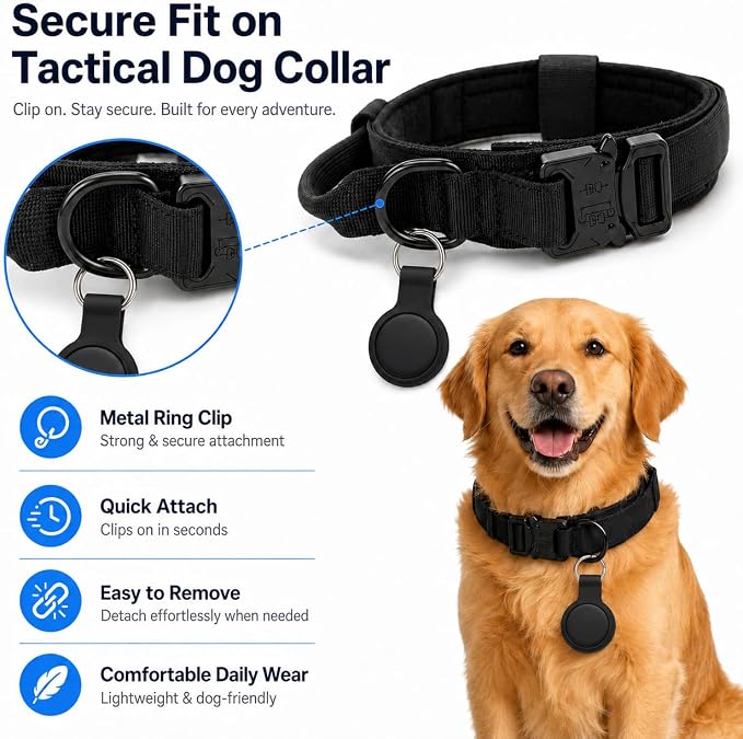 Pet GPS Tracker for Dogs, Compatible with Apple Find My(iOS Only), No Monthly Fee, IP67 Waterproof Anti-Lost Locator, 12-Month Battery, Includes Silicone Collar Holder & Tactical Dog Collar