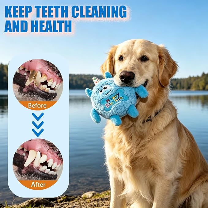 Monster Dog Birthday Toy for Gifts, Stuffed Dog Plush Toy, Blue | Crinkle Squeaky, Soft Lightweight Toy for Fetch and Chew, Interactive Outdoor Indoor Play for Tug, For Puppy Small Medium Dog