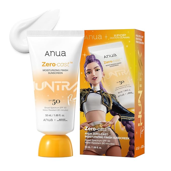 Anua, Zero-Cast Moisturizing Sunscreen SPF 50, Glow Natural Sunscreen for face, No White Cast, Hyaluronic Acid, Niacinamide, Oil-Free, KPop Demon Hunters, Korean Skincare, 1.69 fl oz