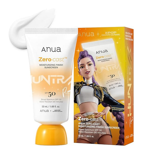Anua, Zero-Cast Moisturizing Sunscreen SPF 50, Glow Natural Sunscreen for face, No White Cast, Hyaluronic Acid, Niacinamide, Oil-Free, KPop Demon Hunters, Korean Skincare, 1.69 fl oz