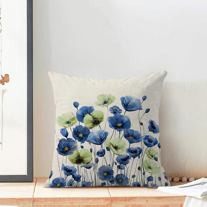 Spring Floral Pillow Covers 18x18 Set of 2 Blue Green Flower Decorative Throw Pillow Covers Decoration Summer Seasonal Pillowcase Farmhouse Decorative Cushion Cover For Couch Sofa Outdoor Decor