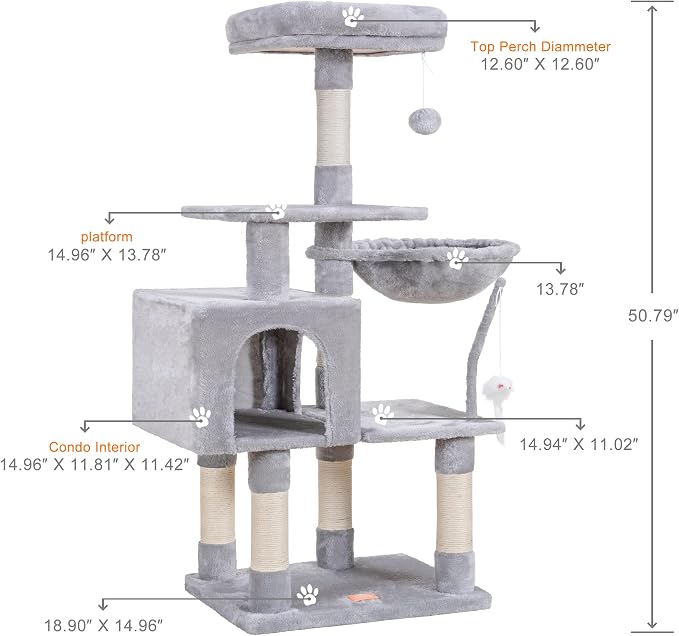 Heybly Cat Tree with Toy, 43.3 inch Cat Tower for Indoor Cats HCT004W | Cat Condo with Durable Sisal Scratching Posts, Cat House with Padded Plush Perch, Cozy Hammock, Light Gray
