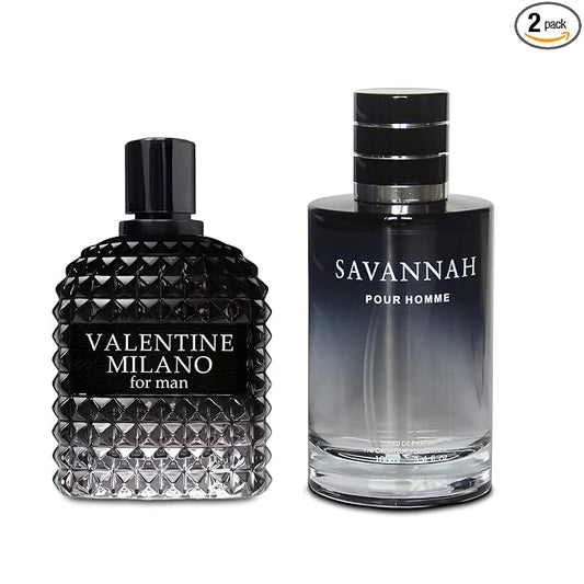 AFLUXE 2PCS Men’s Cologne Eau De Toilette Valentine Milano Savannah 3.4 Fl Oz Each Fresh Romantic Scent Daily Wear Perfume for Men
