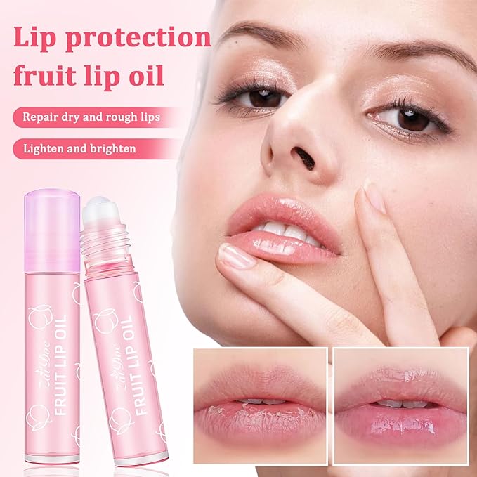 4Packs Fruit Lip Oil Roll-On, Jojoba Oil Infused Moisturizing Lip Gloss for Dry Lips, Nourishing & Non-Sticky Lip Care with Strawberry, Grape, Peach, Cherry Scents