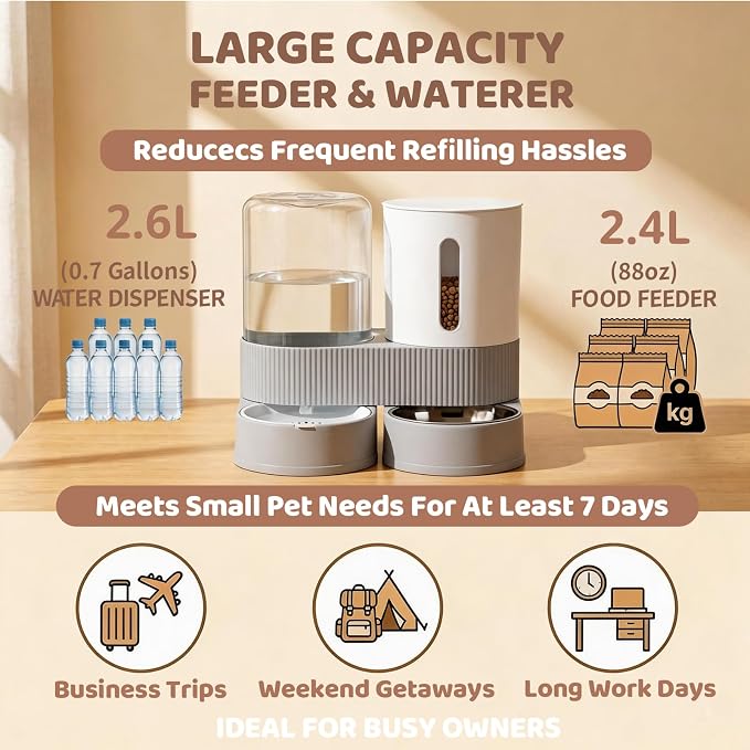 Gravity Cat Feeder 2 Pack Automatic Food Feeder and Water Dispenser Set Detachable Pet Bowl with Silicone Mat for Cats Small Medium Dogs, Large Capacity(Grey)