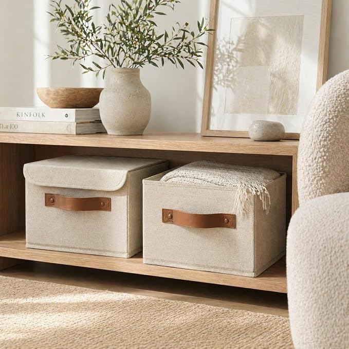 Decorative Linen Storage Boxes with Lids - Spacious Set of 2 Organizer Bins | The Perfect Small Container for Home Decor - Safely Store Photos, Documents and Memory Box Keepsakes in Style