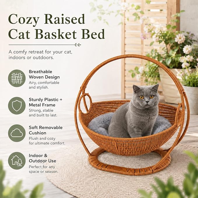 Wicker Cat Bed Elevated Cat Lounger Multifunctional Pet Furniture with Removable Cushion for Indoor Pets