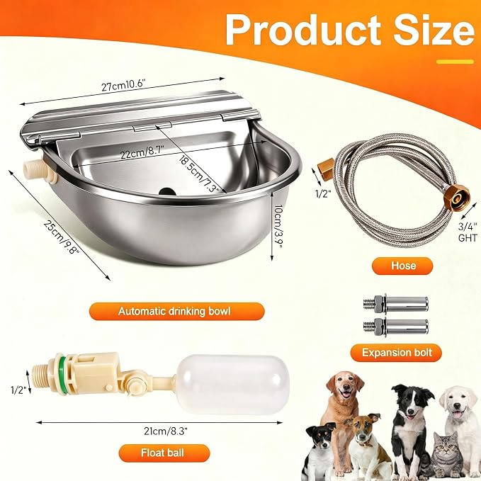 Automatic Dog Water Bowl Dispenser 304 Stainless Steel Dog Waterer | Wall Mounted, Metal Outdoor Heavy Duty Auto Self Filling Animal Water Feeder for Dogs Cats, with Float Valve and Drain Plug