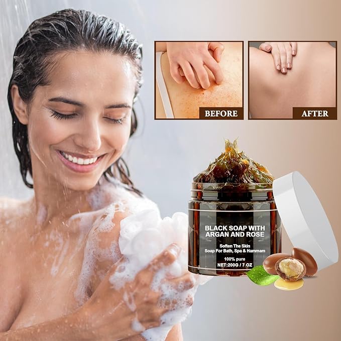 Morocco Black Soap with Argan and Rose, Morocco Black Beldi Bar Exfoliating Soaps, Moroccan Black Soap Hammam, Moroccos Body Scrub with Exfoliating Glove